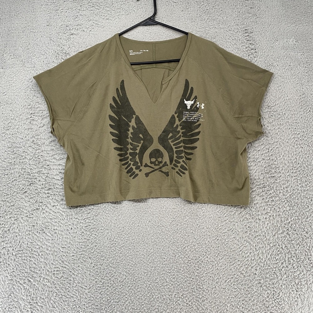 Under Armour Project Rock Cropped T-Shirt Womens XL Green V Neck Workout Gym